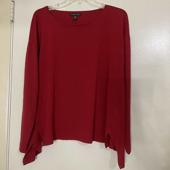 EILEEN FISHER red pullover split hem knit long sleeve top size Small - Picture 1 of 6